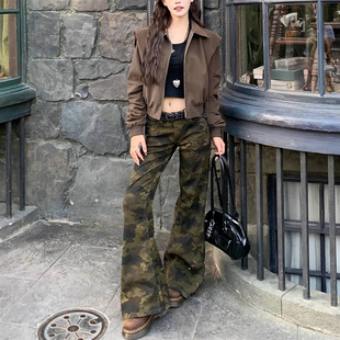 美式迷彩微喇牛仔裤女2026年春季韩版新款复古不贴辣妹显瘦喇叭裤