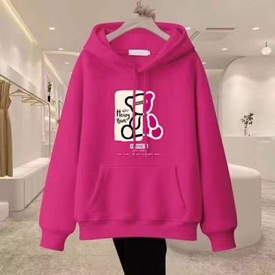 连帽小熊加绒印花外套慵懒宽松