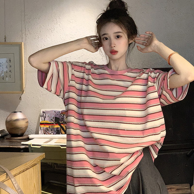 夏季双纱纯棉条纹短袖T恤女