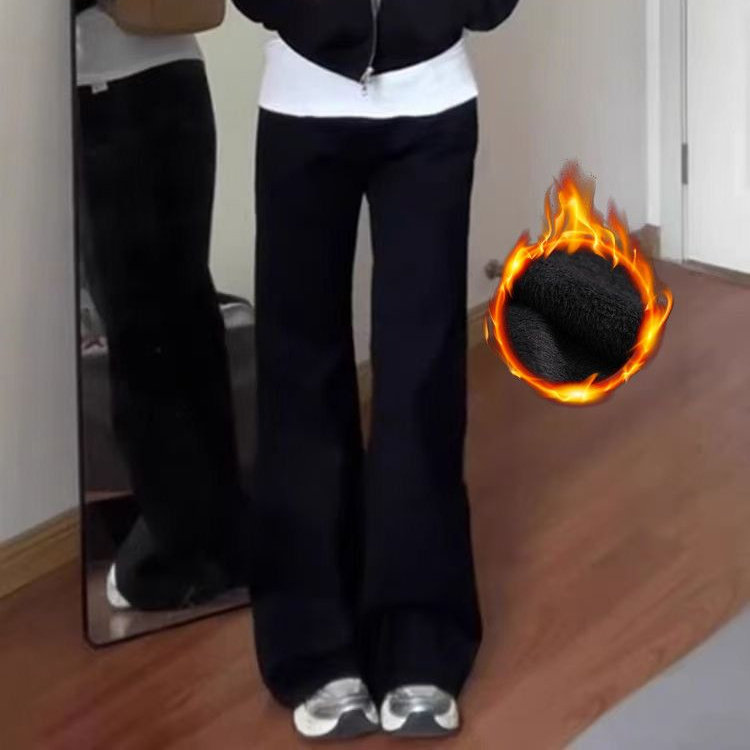 黑色美式不贴腿喇叭牛仔裤女加绒秋冬季辣妹直筒宽松显瘦微喇裤子