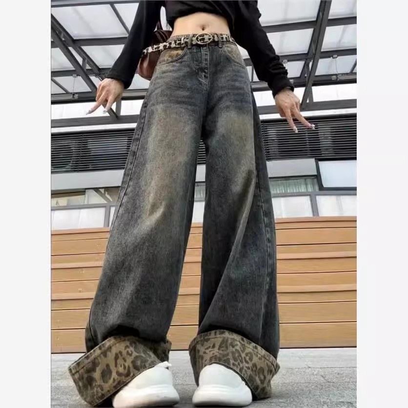 设计感复古拼接豹纹卷边牛仔裤女
