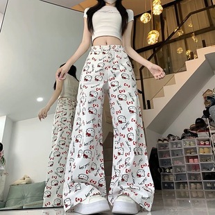 白色设计感kitty猫休闲阔腿裤女春季可爱减龄卡通印花牛仔直筒裤