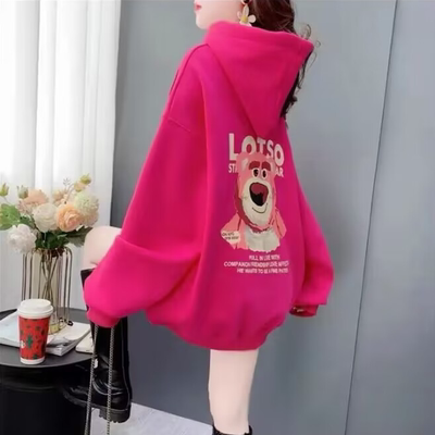 美拉德连帽加绒草莓熊中长款卫衣