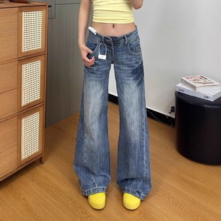 美式复古磨白低腰牛仔裤女2026春季新款宽松直筒阔腿拖地长裤子潮