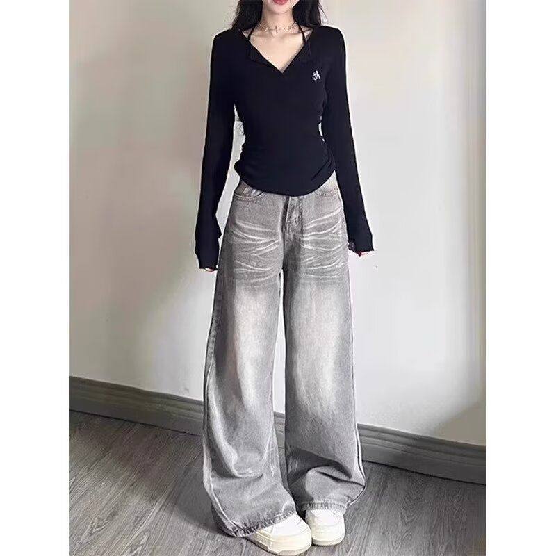 2025复古灰色垂感直筒牛仔裤女夏季百搭宽松拖地长裤高腰阔腿裤子