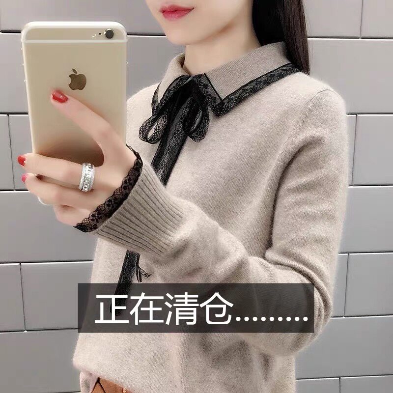 网红蕾丝蝴蝶结羊毛衫柔软毛衣套头女宽松外穿长袖针织打底衫