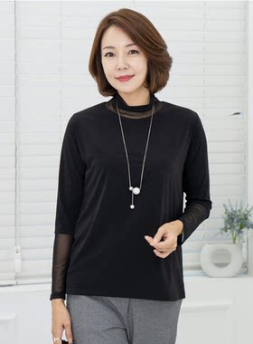 韩国妈妈装高领T恤2023秋季大码女装网纱拼接长袖上衣TE2308024