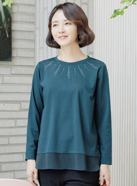 韩国代购妈妈秋装长袖T恤圆领纯色时尚中老年女装镶钻上衣T51449