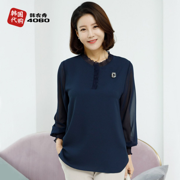 韩国2022春季妈妈装T恤衫雪纺长袖宽松大码中老年女装洋气TBB2036
