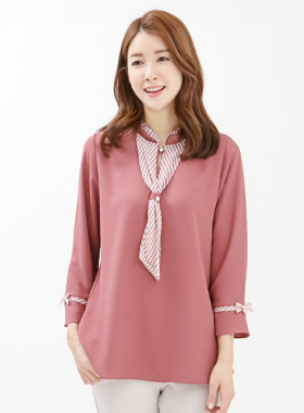 现货韩国中老年女装衣领系带2020妈妈装T恤长袖蝴蝶结袖口BL61490