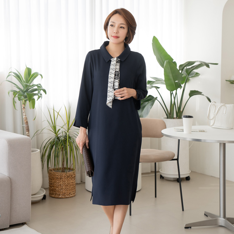韩国妈妈装长袖连衣裙2024春中老年女装纯色翻领中长裙OP2403014