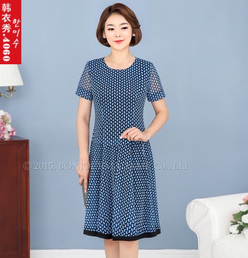 韩国代购中老年女装短袖连衣裙 夏季妈妈装方块图案网纱中裙1157