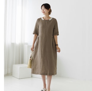 宽松休闲中长裙OPD3036 短袖 韩国妈妈装 亚麻连衣裙2025夏中年女装