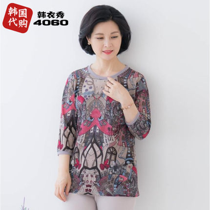 人气韩国妈妈装七分袖T恤春夏中老年女城堡图案圆领上衣TE003083