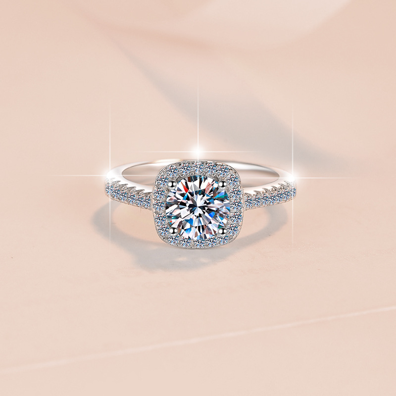 欧美经典1克拉莫桑石指环方包方形方糖高级感珠宝手饰925纯银戒指