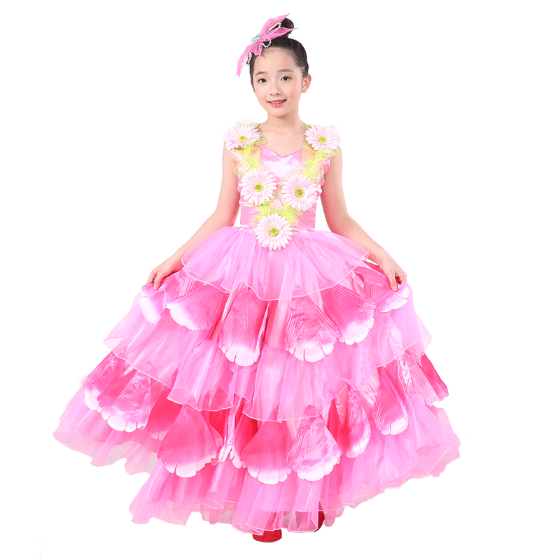 花开盛世六一儿童开场舞斗牛舞大摆裙幼儿表演花瓣裙现代女童裙子