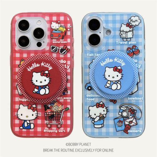 @BOBBY PLANET原创日系kitty猫蓝白格纹可爱卡通适用iphone16Promax磁吸支架手机壳1543防摔少女心闺蜜礼物新