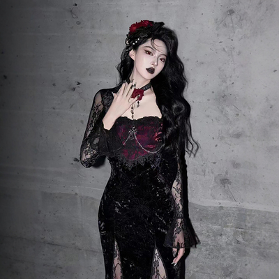 万圣节迪士尼穿搭丝绒黑色连衣裙