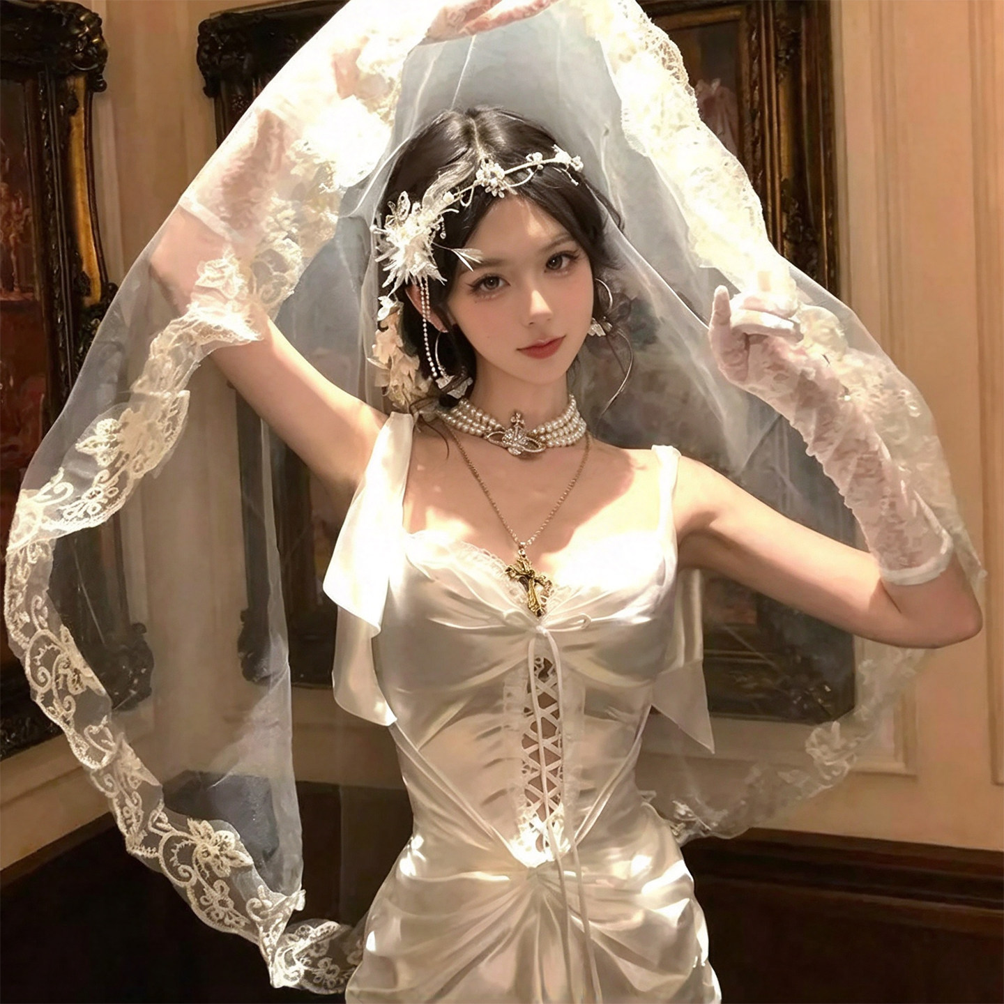 万圣节白色头纱蕾丝鬼新娘cos头饰婚纱拍照道具高级感哥特风配饰