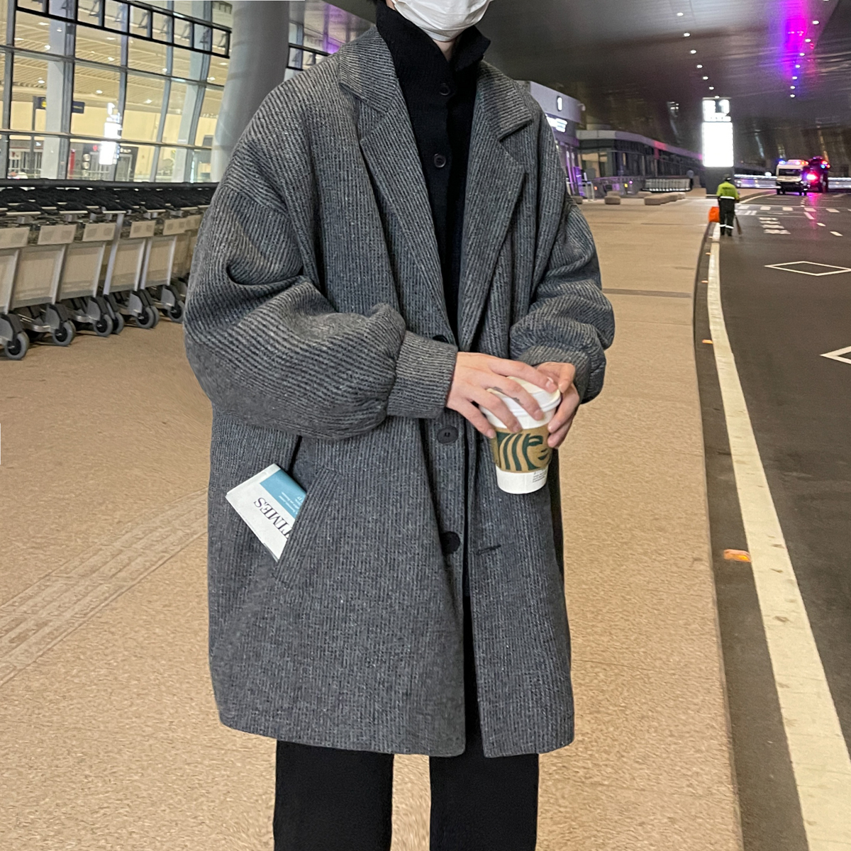 日系灯芯绒毛呢大衣男款冬季加厚高级感轻熟风大码潮牌中长款外套