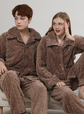 燕情尔冬季情侣睡衣开衫珊瑚绒法兰绒加厚保暖韩版时尚简约家居服