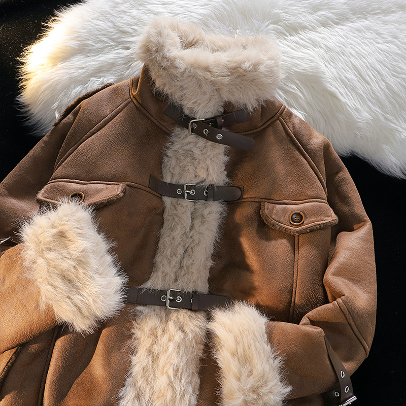 美式复古加绒加厚羊羔毛棉衣外套