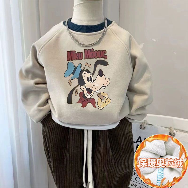 儿童卡通加绒卫衣宝宝加厚长袖秋冬新款男童女童米奇动漫保暖上衣