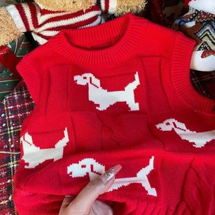 儿童春装tb毛衣马甲宝宝拜年服秋冬男童女童红色背心针织衫过年服