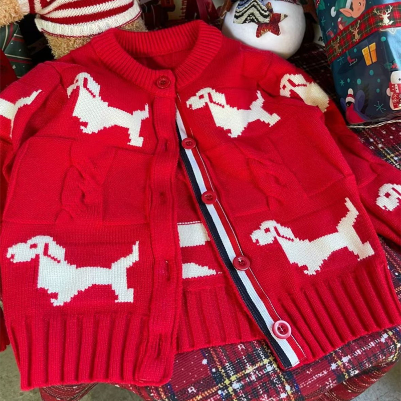 儿童tb小狗针织衫拜年服宝宝红色外套男童女童秋冬开衫毛衣过年服