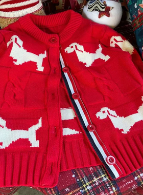 儿童tb小狗针织衫拜年服宝宝红色外套男童女童秋冬开衫毛衣过年服