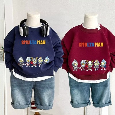 男童女童秋冬加绒卫衣新款儿童假两件奥特曼长袖打底衫一体绒上衣
