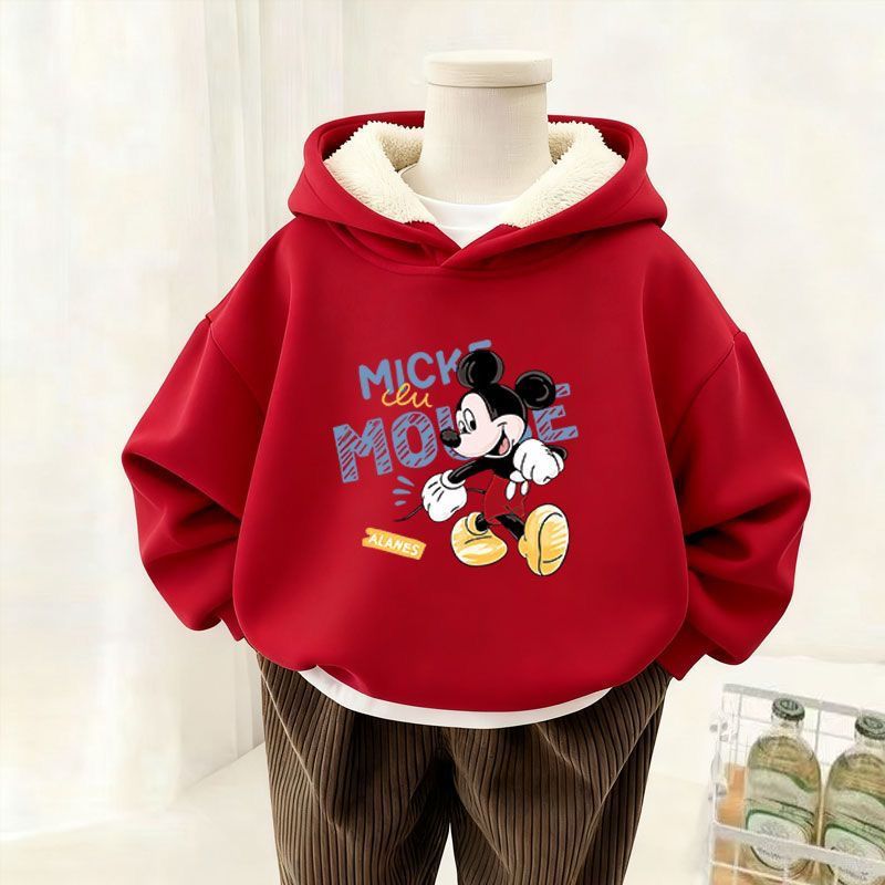 儿童红色加绒卫衣宝宝加厚米奇长袖秋冬男童女童卡通连帽保暖上衣