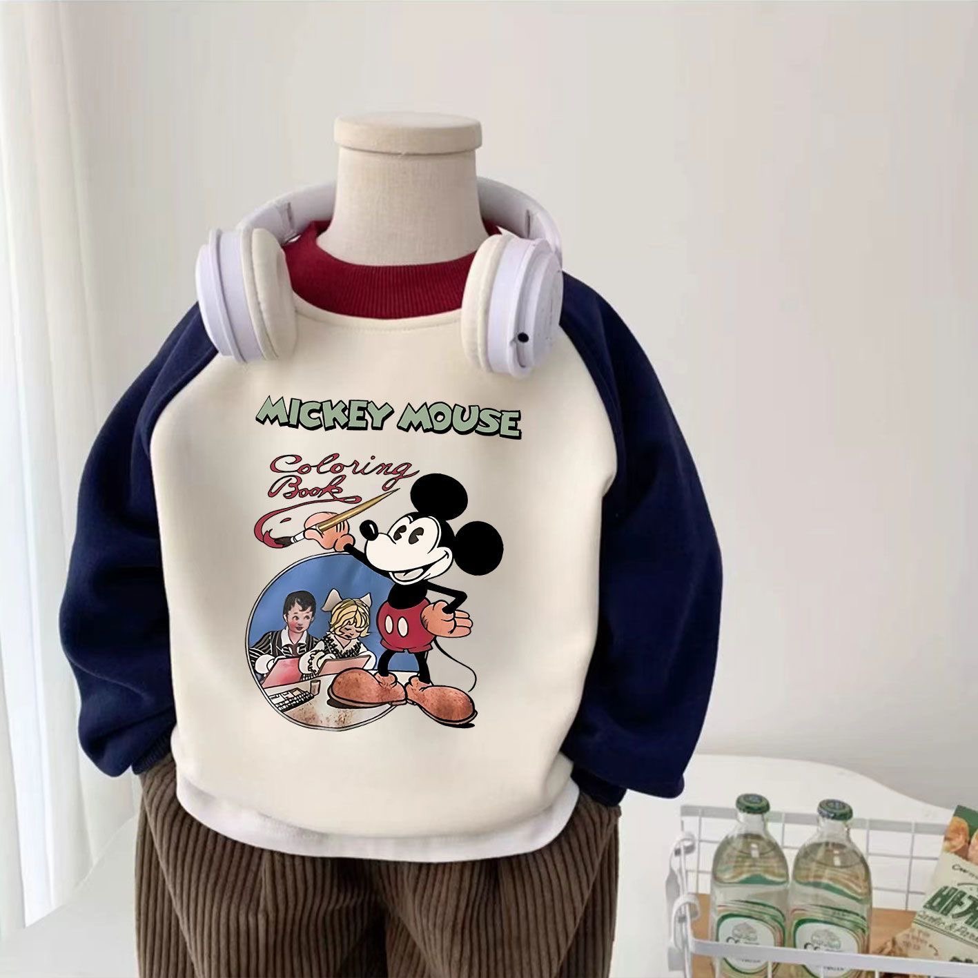 男童女童圆领卫衣加绒加厚秋冬新款儿童宝宝潮流卡通米奇长袖保暖