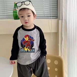 儿童钢铁侠长袖宝宝纯棉T恤2025春秋新款男童女童卡通拼色打底衫