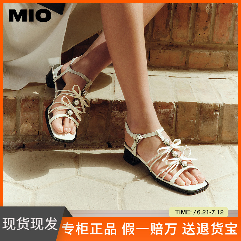 MIO米奥2025夏季低跟凉鞋女法式蝴蝶结方头一字带罗马鞋珍珠空凉