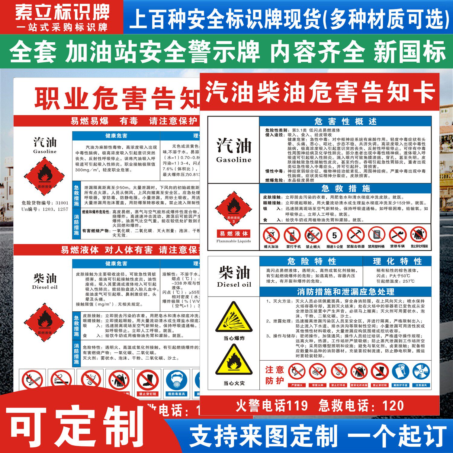 柴油汽油职业危害告知卡加油站安全风险点周知卡警示标识牌罐区油库重地严禁烟火危险标语贴纸标志指示提示牌