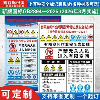 有限空间作业现场警示安全告知牌