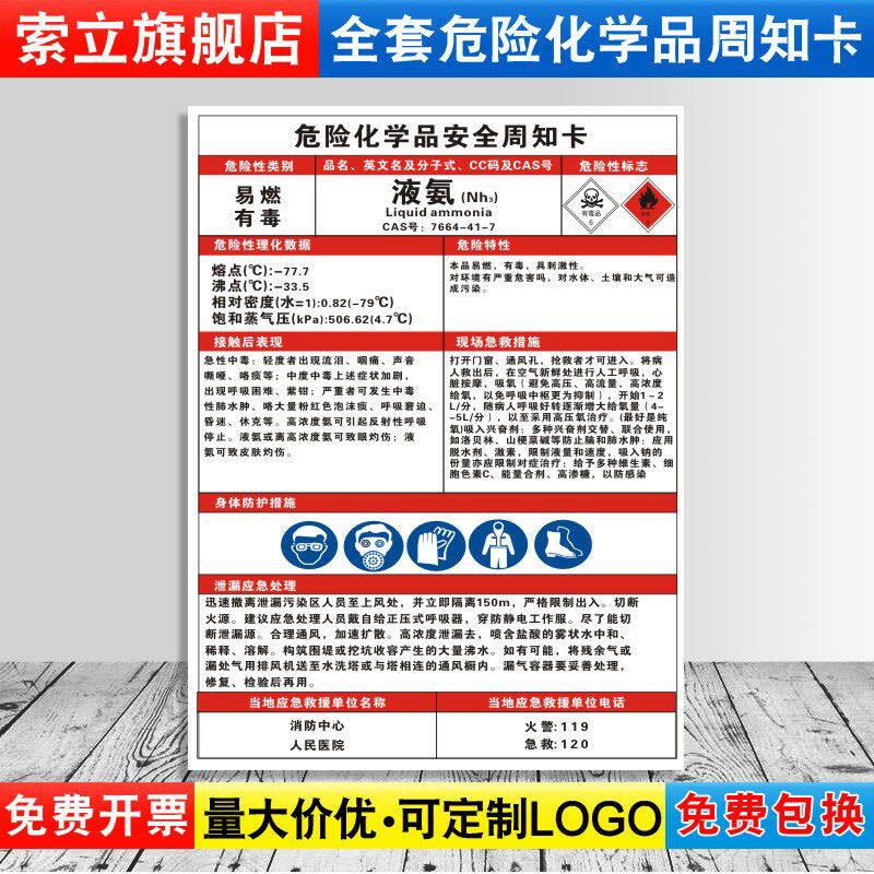 液氨危险化学品安全周知卡职业病危害告知牌易燃易爆腐蚀中毒危险品