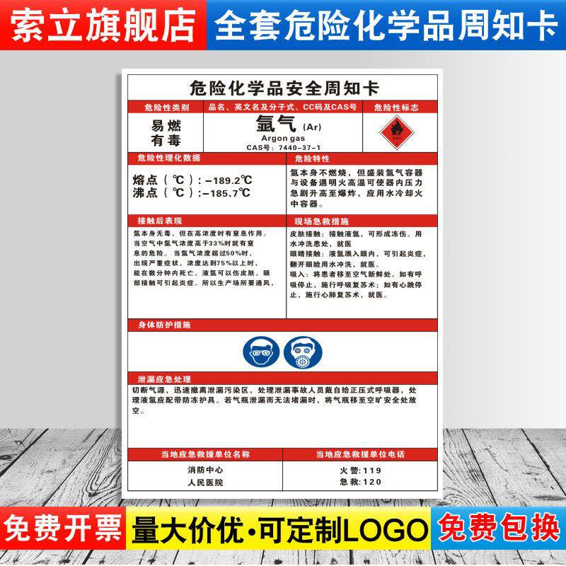 氩气危险化学品安全周知卡职业病危害告知牌易燃易爆腐蚀中毒危险品