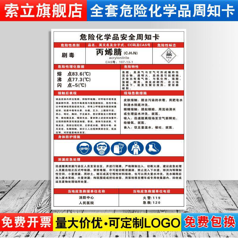 丙烯腈危险化学品安全周知卡职业病危害告知牌易燃易爆腐蚀中毒危险品
