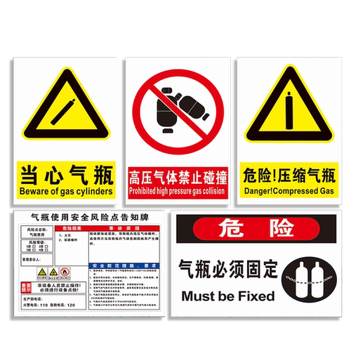 当心气瓶标识牌高压气体禁止碰撞必须固定压缩气瓶使用风险点告知牌安全警示警告消防标示标志提示贴定制a1