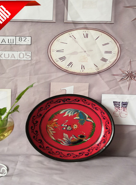 彩绘古典风做旧木质圆形托盘