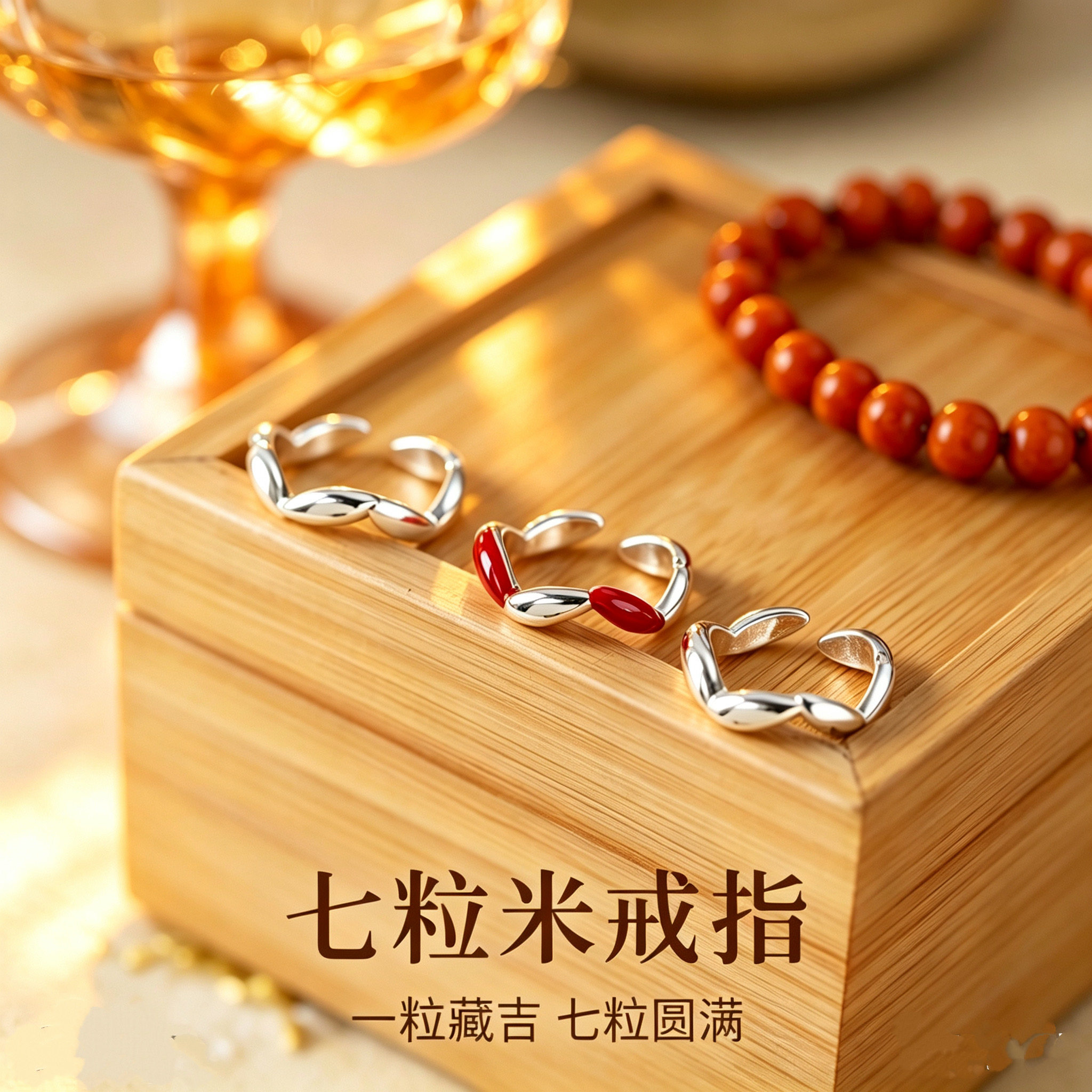 珐琅彩招财红七粒米开口戒指情侣同款新中式轻奢风送女友闺蜜礼物