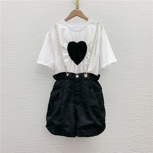 亏本清！不退不换！爱心压褶T恤珍珠吊带高腰提花阔腿裤两件套