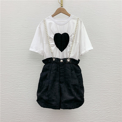 爱心撞色压褶珍珠吊带提花两件套