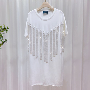 欧洲站夏季新款重工水钻流苏设计个性连衣裙宽松显瘦长款T恤女