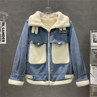 亏本！不退不换！冬季水貂毛加绒夹克棉服女宽松休闲牛仔外套