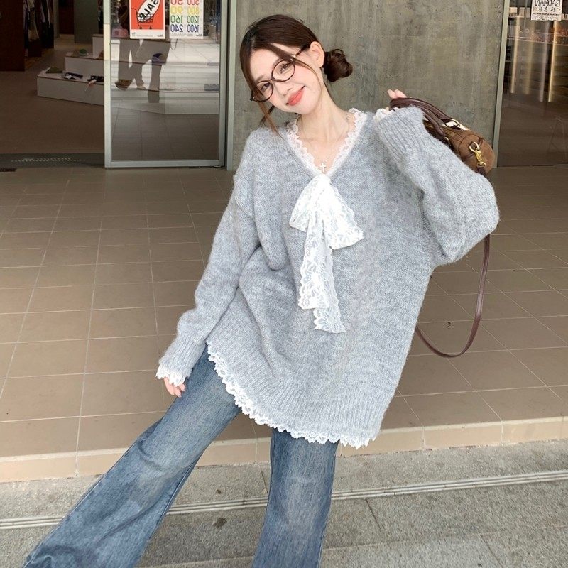 蕾丝蝴蝶结拼接宽松长袖毛衣女秋大码胖MM慵懒风针织衫中长款上衣