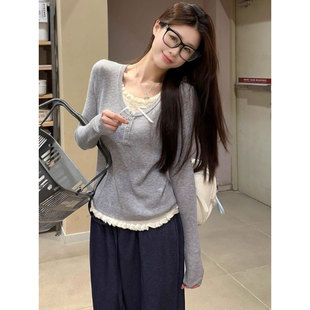 显瘦设计感打底衫 甜辣妹假两件长袖 胖MM修身 女秋冬大码 上衣 针织衫