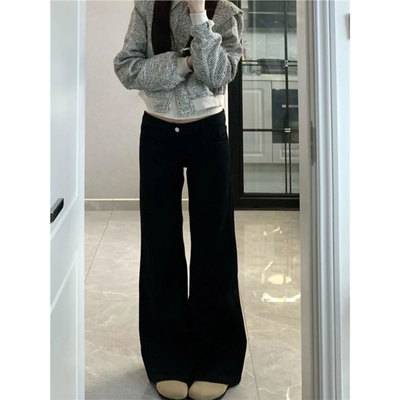 黑色不贴腿微喇牛仔裤女秋冬大码胖MM加绒小个子高腰宽松喇叭裤子